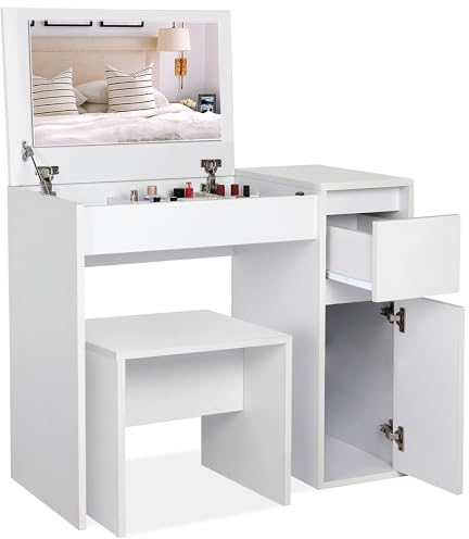 Blisswood Dressing Table with Flip-Up Mirror & Stool – Vanity Makeup Desk with Hidden Storage Drawers, Convertible Writing or Office Table, Cosmetic Make up Bedroom Dresser for Women Girls Room_White