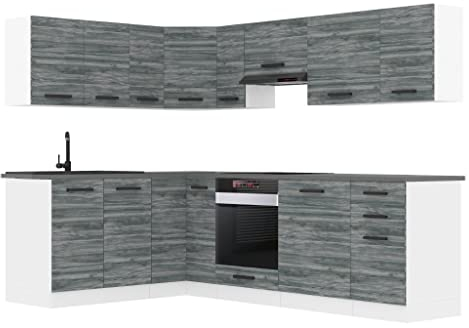 Belini Küchenzeile Küchenblock Küche L-Form Janet Küchenmöbel mit Griffe, Einbauküche ohne Elektrogeräten mit Hängeschränke und Unterschränke, mit Arbeitsplatten (Glamour Wood)