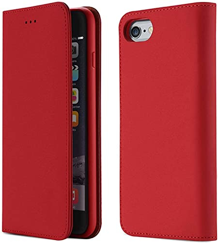 HEPUP Schutzhülle für Apple iPhone SE 2022 Hülle (3. Generation) 4,7 Zoll, echtes Leder, magnetische Klapphülle, Folio-Handyhülle mit 2 Kartenfächern (Farbe: Rot)