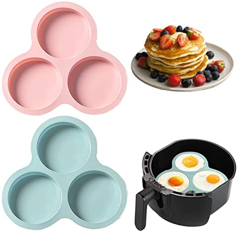 Esteopt 2Pcs Silicone Air Fryer Egg Pan, Non Stick Muffin Tray, Cupcake Pancake Mold, 3Cavity Pans for Accessories, Pink