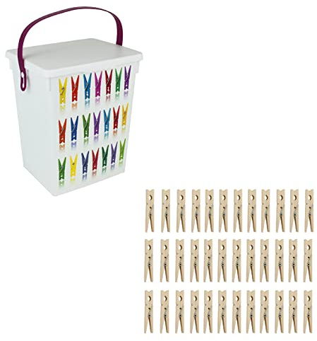 SUL Peg Storage Basket Container with Lid Washing Powder storage Box 5L with 36 Wooden Clothes Pegs, Dishwasher Machine Soap Tablet box (Puple Handle)