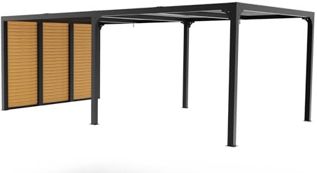 Habrita Foresta Pergola bioclimatique PER36VB60BI Aluminium 21,52m2 Gris Anthracite avec 3 Panneaux latéraux à ventelles Imitation Bois