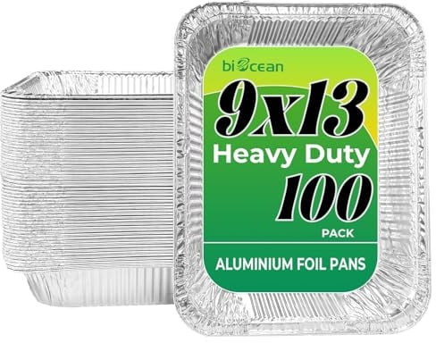 biocean 100Pack 9x13In Aluminum Pans Extra Heavy Duty Disposable Aluminum Foil Pans Half Size Deep Steam Aluminum Tray Tin Foil Pans for Prepping Food,Storing Heating,Cooking,Baking,Roasting