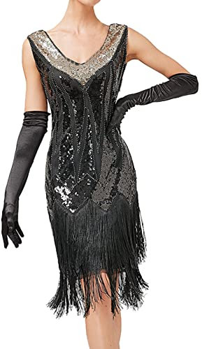 Robe Ete Femme Enceinte Robe Vintage Femme Robe Sexy sans Manches Années 1920 Paillettes Perlées Double Glands Soirée Robe Flapper Robe Robe Robe Courte Dentelle Noire (Black, S)