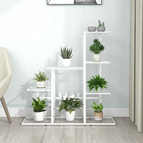 Homgoday Soporte para flores, estantería para plantas, banco de flores, escalera, escalera, estantería de pie para salón, jardín, balcón, decoración, 94,5 x 25 x 88 cm, metal blanco