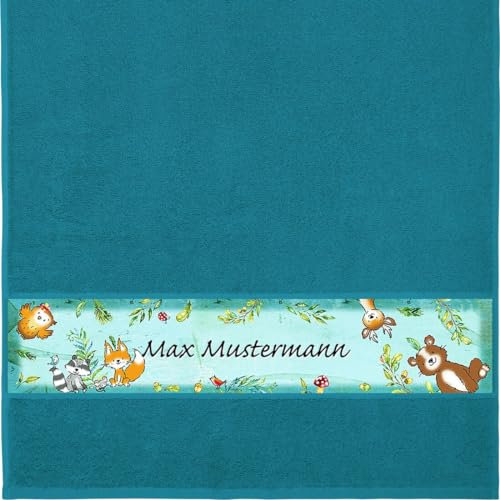 Handtuch mit Namen - personalisiert - Motiv Kinder – Wald - viele Farben & Motive - Dusch-Handtuch - Petrol - Größe 50x100 cm - persönliches Geschenk mit Wunsch-Name
