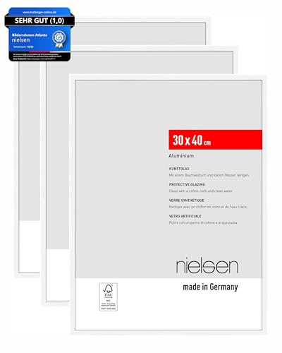 nielsen Bilderrahmen, 30 x 40 cm (3er Set), Aluminium, Weiß matt, Fotorahmen zum Aufhängen im Hoch- & Querformat, bruchsicheres Kunstglas, Atlanta