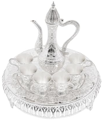 DeeDuud Juego de jarra de cristal de vino, cafetera turca de aleación de zinc con 6 tazas de té, 1 bandeja cóncava para café turco, té, vino italiano, whisky y bebidas (plata)