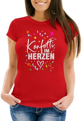 MoonWorks® Damen T-Shirt Fasching Karneval Konfetti im Herzen Kostüm-Ersatz Verkleidung Funshirt Frauen rot L