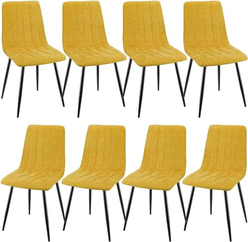 JIJIAN Set di 8 sedie da pranzo imbottite con tessuto di lino e gambe in metallo nero, design a righe, per sala da pranzo, soggiorno, camera da letto, cucina, reception, Giallo