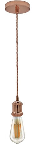 DC VOLTAGE Rose Gold Vintage Metal Ceiling Pendant Light Fitting, Rose Gold Twisted Braided Flex 2m Cable, E27 Lamp Holder Suspended Pendant Light Fitting Kit for Indoor Lightings