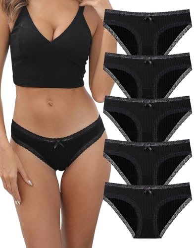 KNITLORD Spitzen Unterhosen Damen Ultra-Weich Bambus Viskose Unterwäsche Damen Atmungsaktiv Hipster Slip Pantys Mehrpack Frauen Sexy Panties Schwarz 5er Pack M