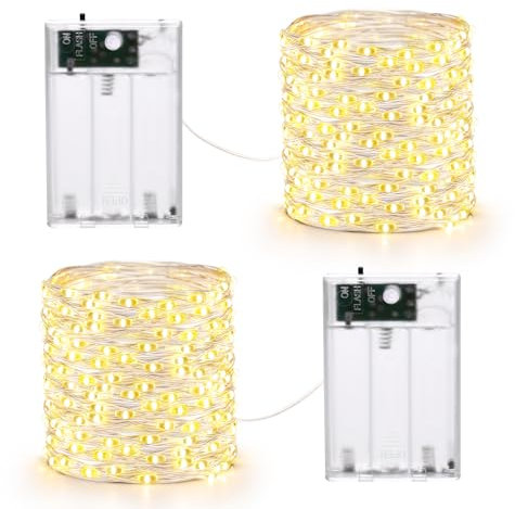 Qedertek Lichterkette Batterie 10M Silberdraht Micro Lichterkette, 2 Stück 100 LED Lichterkette Weihnachtsbaum Warmweiß mit 2 Modi für Innen, Halloween, Weihnachten Party Deko