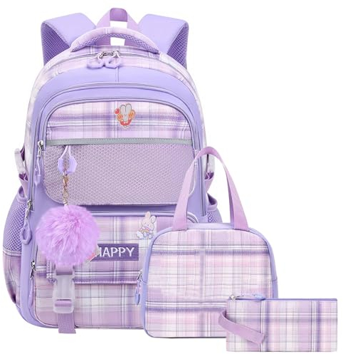 WYCY Mochila escolar para niñas, mochilas grandes para adolescentes y niñas, bonita bolsa de libros con compartimentos, Bolsa escolar + lonchera aislada + estuche para lápices, color morado, L, Bolsa