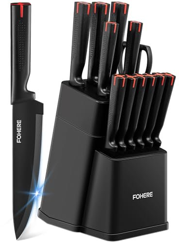 Juego de Cuchillos de Cocina FOHERE 13 Piezas Cuchillos de Cocina Acero Inoxidable con Bloque Afilador Integrado Bloque de Cuchillos Profesional con Soportes para Cuchillos, Negro