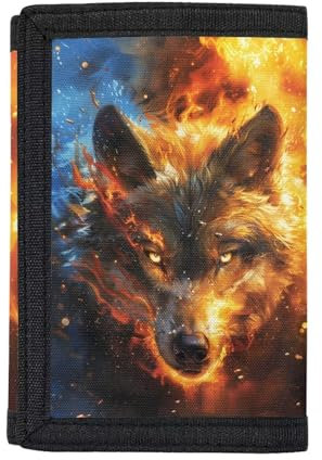 Dolyues Kinder-Geldbörse für Jungen, Outdoor-Sport, dreifach gefaltet, Münzgeldbörse, Wolf Fire, Einheitsgröße