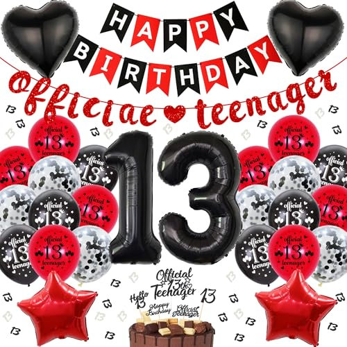 Offizielle Teenager 13. Geburtstag Dekoration - 66 Stück 13 Jahre Mädchen Geburtstagsdeko Schwarz Rot Ballons Stern Folienballon Happy Birthday Banner Tortendeko Topper für Jungen 13. Geburtstag Deko