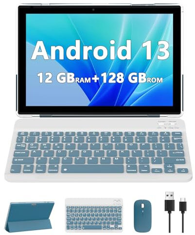 Tableta Android 13 de 10 pulgadas, 12 GB de RAM, 128 GB ROM/1 TB, tableta expandible 2 en 1 con teclado y mouse, lápiz capacitivo, procesador de cuatro núcleos de 2.0 GHz, pantalla táctil IPS HD de