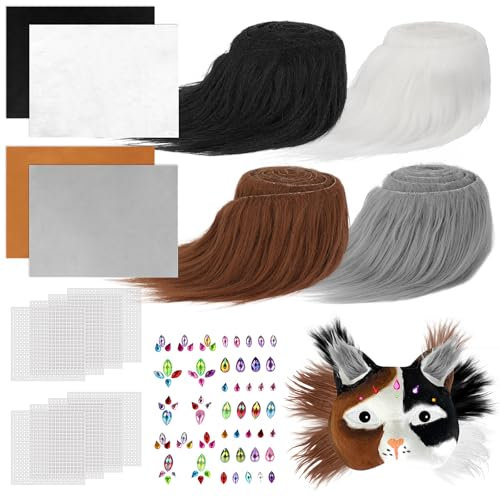 Dreamtop 17 Stück Therian Katzenmaske inklusive selbstklebende Filzstofffolie, Plüsch Kunstfellaugen, Kunststoffnetzfolie,Diamantaufkleber zu malen DIY Katze für Cosplay und Halloween