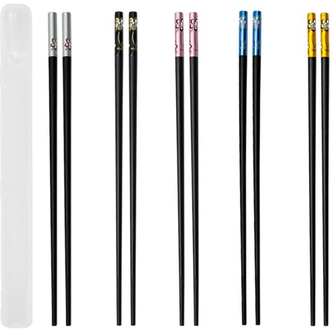5 pares de palillos de fibra de vidrio, con 1 caja de plástico, palillos japoneses reutilizables, lavables para lavavajillas, 24 cm, diseño de flores, palillos antideslizantes