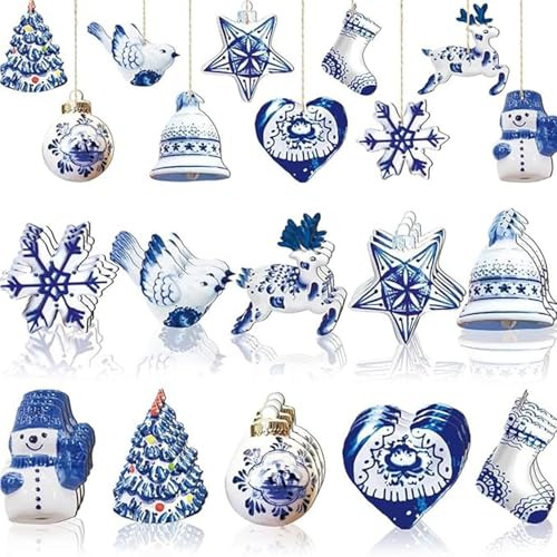 30 Stück Weihnachtsbaumschmuck, Blau und Weiß, Porzellan, Chinoiserie-Ornament, Schneemann, Schneeflocke, Hirsch, Parttern zum Aufhängen, dekorativer Holzanhänger, Dekoration für Zuhause, Baum,