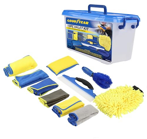 Goodyear Kit de Valet de 10 Piezas, Juego Completo de Detalles de Coche, Incluye Herramientas de Limpieza Interior y Exterior, cepillos, paños de Microfibra y Bolsa de Almacenamiento, Ideal para Uso