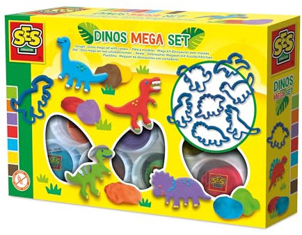 SES Creative 00503 Dino-Knete Mega Set - mit 7 Dinosaurier-Knetformen - 7 Farben Knete - Glutenfrei - Vegan - Für Kinder Ab 2 Jahren