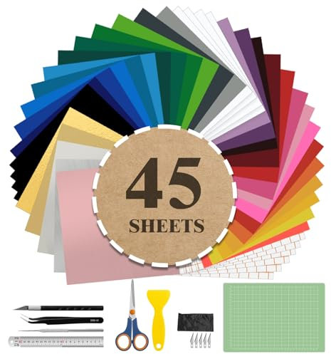 45 Pack Permanent Adhesive Vinyl Sheets Adhesive 12 x 12, 34 Colors Permanent Vinyl Transfer Film Plotter, Suitable for DIY Crafting T-Shirts, Cup, Home Decor