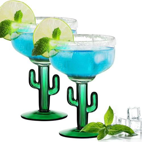 2 PCS Cactus Margarita Glasses,Durable Cactus Cocktail Glasses,Lead-Free Cactus Glassware,Unique Plant Themed Frozen Cocktail Glasses