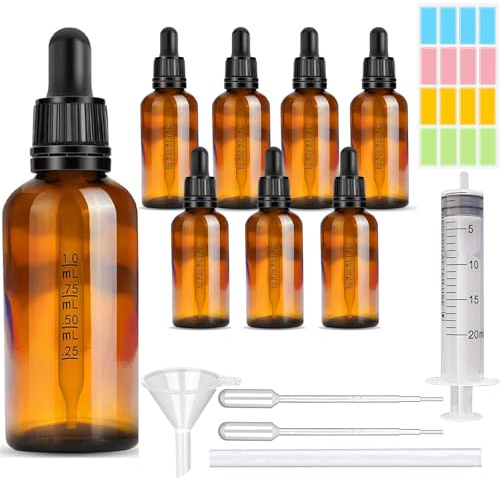 CafullCon 8 Pack Amber Glass Bottle with Dropper Pipettes, 100ml Refillable Leakproof Glass Dropper Bottle, Empty Reusable Essential Oil Bottles for Massage Extracts Liquids Perfume Aromatherapy Blend