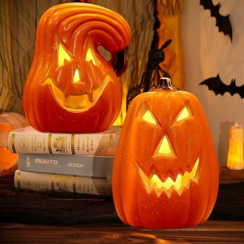 DAZZTIME Laterne,2 Stück Ausgehöhlte Kürbis,Halloween Deko LED Kürbis Lampe,Herbst Deko Kürbis Laterne,fürKarneval,Fasching,Mottoparty,Halloween,Tischdeko,Herbstdeko