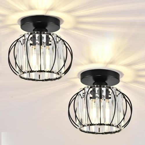 HAUSPRO Industrial Ceiling Light Fixtures Pack of 2, Modern Metal Cage Flush Mount Fixtures for Warm Ambient Lighting in Kitchen, Hallway, Bedroom-Black