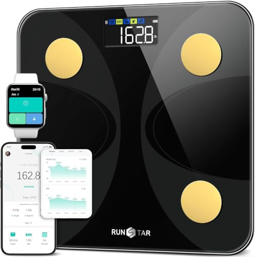 RunSTAR Balance pese Personnes pour poids et masse grasse, Précise avec grand écran, 13 Données corporelles, Appli connectée, Admissible, Noir et or