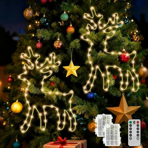 Probuk Beleuchtete Rentier Weihnachtsdeko mit Timer, 120 LED Warmweiß Lichterkette 8 Modi, Batteriebetriebene Fensterbeleuchtung für Weihnachten, Balkon, Party, Hochzeit（2 Stück）
