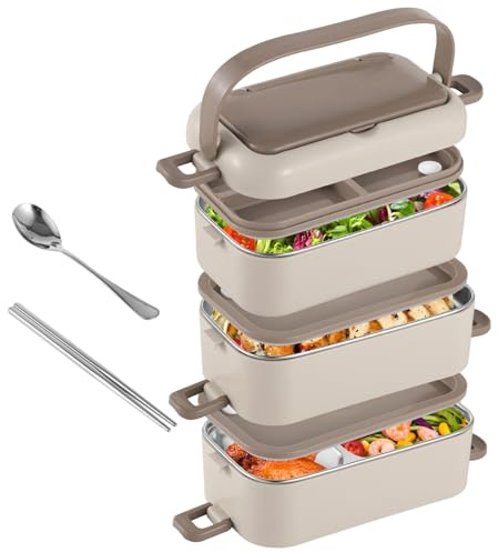 YOFAPA 304 Stainless Steel Multi-Layer Lunch Box, 5.4 L Large Capacity 3-Layer Bento Box, Leak-Proof with Utensils and Portable Handle, Microwave Safe Food Container