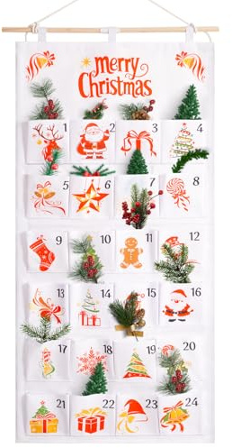 SAVORLIVING 2025 Adventskalender zum Befüllen Stoff, Adventskalender zum Befüllen Wand, 24 Taschen Stoff Weihnachtskalender zum Aufhängen Weihnachtlichen Ornament, Dekorativer Wandteppich