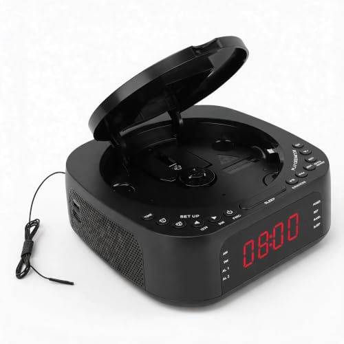 Sxhlseller CD Player Alarm Clock with Bluetooth, USB Charging, Dual Alarm, Dimmable LED Display, FM Radio, Built-In Speakers, Sleep Timer, Remote Control for Bedroom or Office (GB Plug)