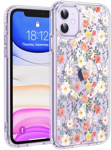 Jkvare for iPhone 11 Case, Crystal Clear Aesthetic Pattern Wireless Magnetic Protective Phone Cover for Women Girls - Vintage Floral | Crystal Clear Aesthetic Pattern, Built-In MagSafe Ring, Hard Shell, Shock-Absorbing Bumper, Raised Bezels, Vintage Floral