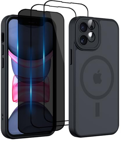Nupcknn Magnétique Coque pour iPhone 12 Mini avec Magsafe avec 3 Verre Trempé [HD+HD+Confidentialité][Caméra de Protection complète] Coque Antichoc translucide Mat arrière Anti-Rayures