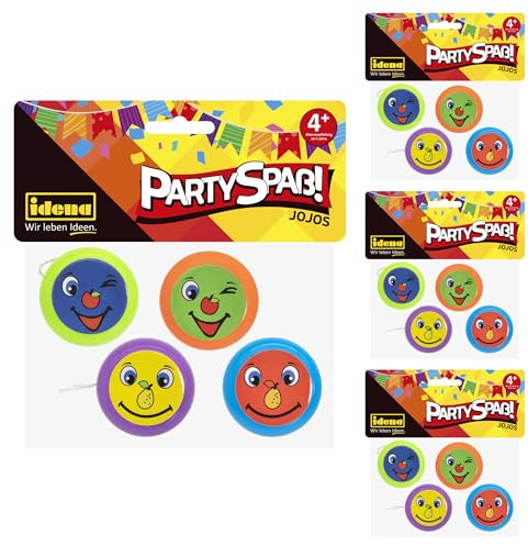 Idena 90459 - Partyspaß Set mit 16 Jojos in 4 Motiven, Mitgebsel für den Kindergeburtstag, Bunte Yoyos aus Kunststoff