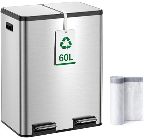 Kitchen Bin,60L Dual Rubbish Bin,2 x 30L Stainless Steel Pedal Bin,Double Bin Recycling with Soft-Close Lids and Plastic Inner Buckets,Fingerprint Proof,Odour Seal,Large Capacity,Space Silver