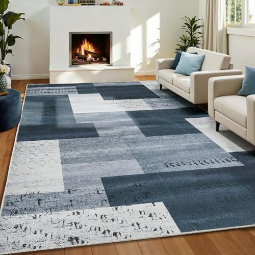 Puremy Moderner Teppich 200X280cm, Niedriger Flor Ultradünner, Grau & Blau
