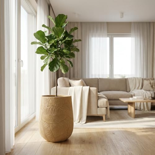 Moderner Designer Blumentopf in Beige mit 3D-Wellenstruktur Blumentopf Groß für In- und Outdoor | Bali, Indonesien, Mediterran Stil | Design Töpfe (1x Kleiner Topf)