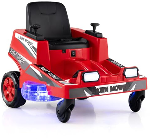 GYMAX 12V Kids Ride on Car, Children Electric Car with Dual Control Sticks, Lights, 360° Twist and Turn, Battery Powered Lawn Mower for 3 Years Old+ (Red)