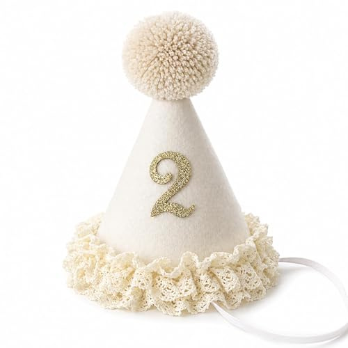 Chapeau Anniversaire Enfant 2 Ans, Bonnet en Feutre Crème avec Pompon, Bord Dentelle et Chiffre Doré 2, Déco Anniversaire 2 Ans pour Photo Cake Smash, Fête Bébé, Souvenir Familial Neutre, Accessoire