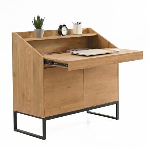 Wohnling Sekretär 100x45x95 cm MDF Eiche-Dekor Metallbeine, Ausziehbar