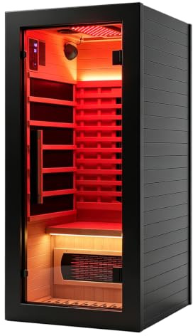 Amocane Infrared Sauna with 660 & 850nm Red Light Therapy & WiFi Control | Full Spectrum Sauna with 5 Heater, 1700W/120V, 1 Person Canadian Hemlock Wood Dry Sauna for Indoor, Home Gym, 80x90x170