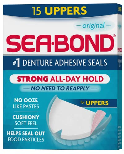 Sea Bond Secure Prothesen-Klebedichtungen, Original-Obermaterial, zinkfrei, ganztägiger Halt, ohne Schmutz, 15 Stück (1 Stück)