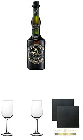 Papidoux Calvados V.S.O.P. Frankreich 0,7 Liter + 2 Bugatti Nosing Gläser mit Eichstrich 2cl und 4 cl + 2 Schiefer Glasuntersetzer eckig ca. 9,5 cm Ø