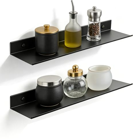 Z metnal 40cm Floating Shelves 2 Pack, Black Aluminium Wall Mounted Shelves, Long Wall Shelf Display Rack Spice Racks for Kitchen Bedroom Bathroom Living Room, 16 Inch Decor Shelf